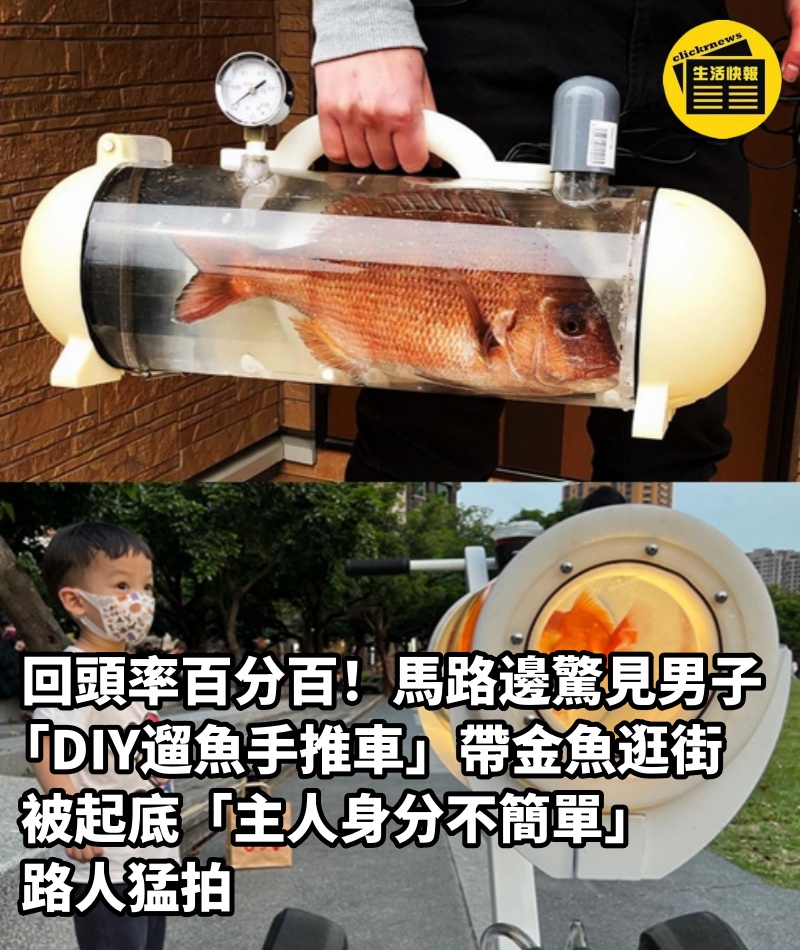 回頭率百分百！馬路邊驚見男子「DIY遛魚手推車」帶金魚逛街　被起底「主人身分不簡單」路人猛拍