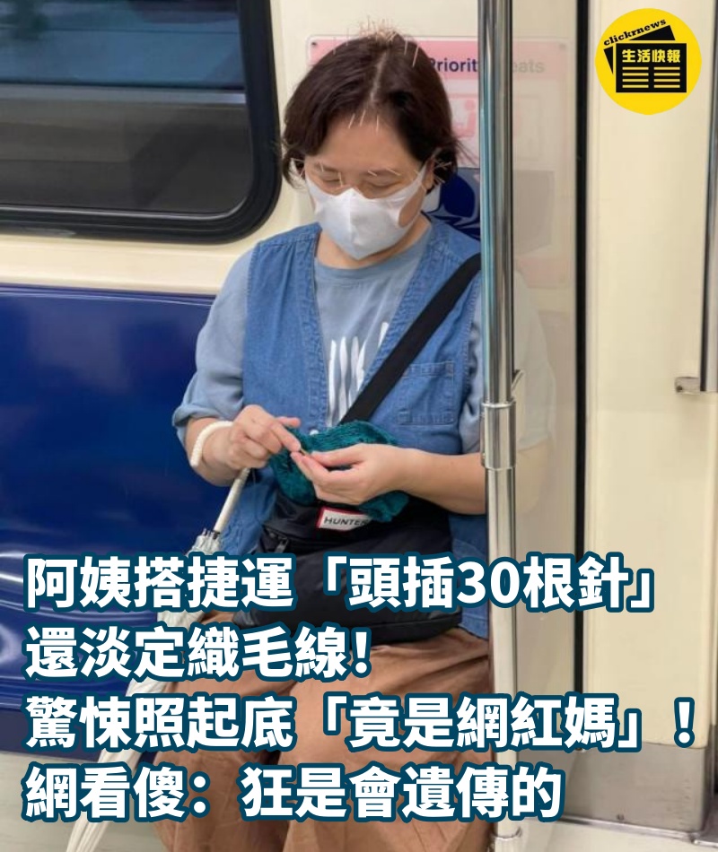 阿姨搭捷運「頭插30根針」還淡定織毛線！驚悚照起底「竟是網紅媽」網看傻：狂是會遺傳的